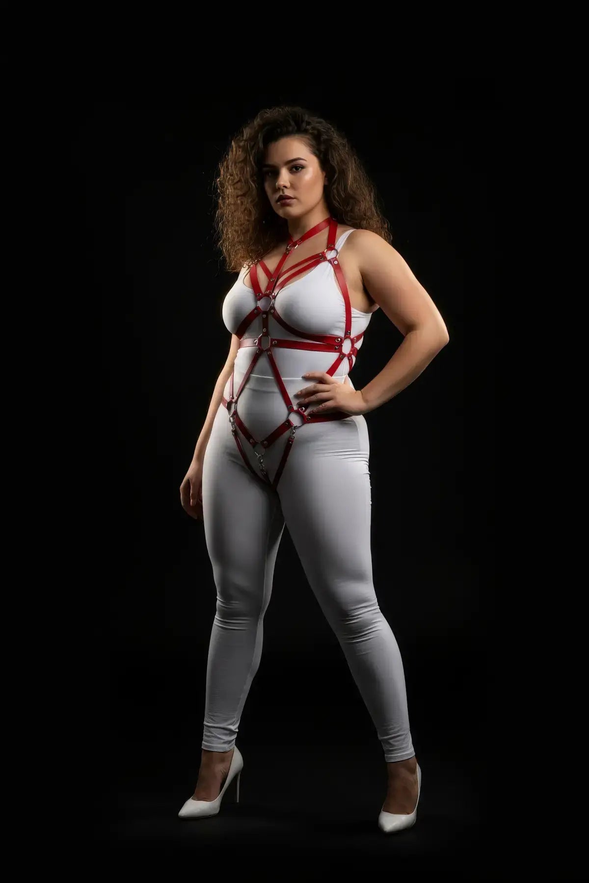 Plus Size Red Choker Cage Full-Body Harness in vegan leather