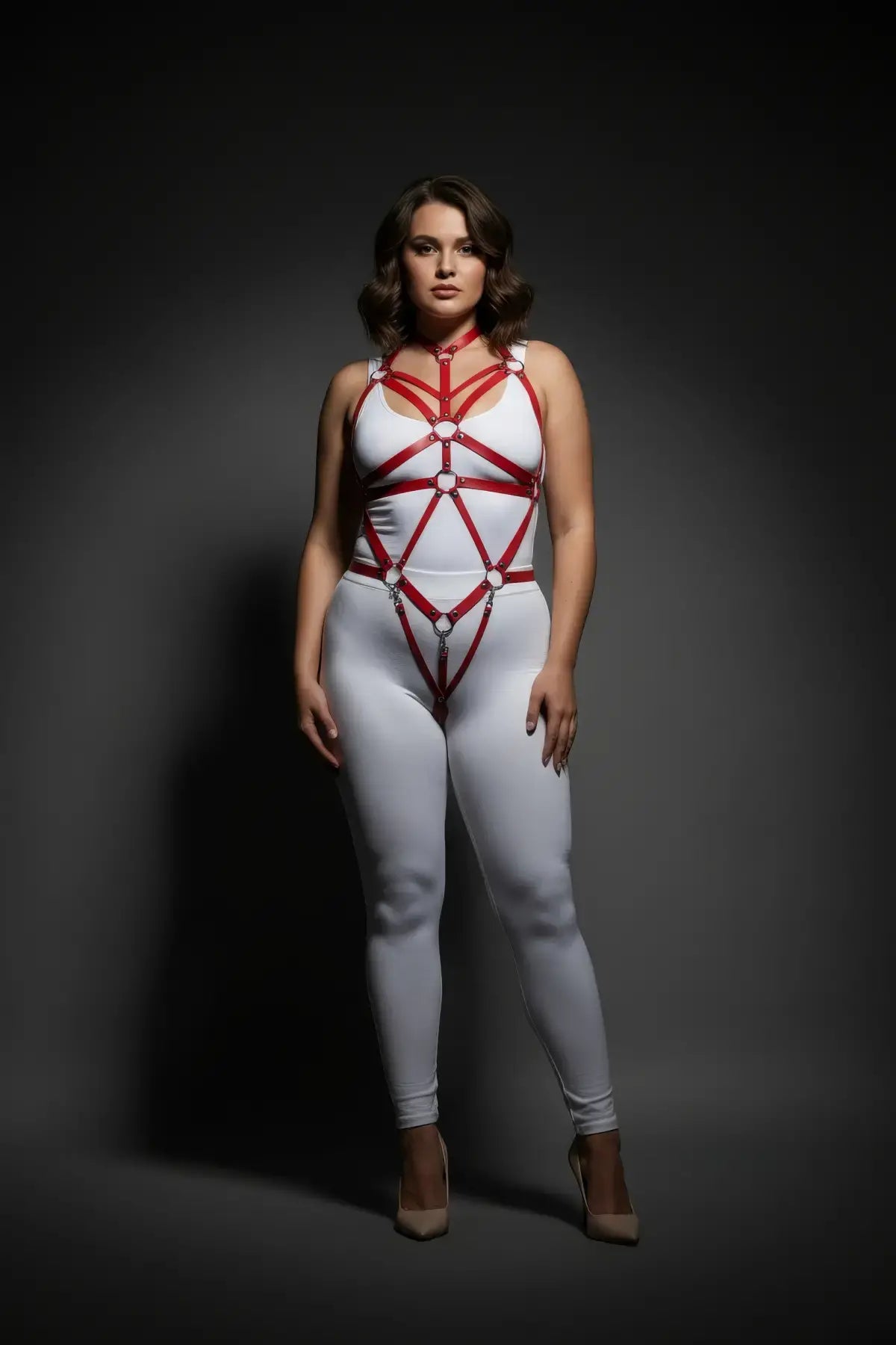 Plus Size Red Choker Cage Full-Body Harness with six-tier red vegan leather straps over white bodysuit