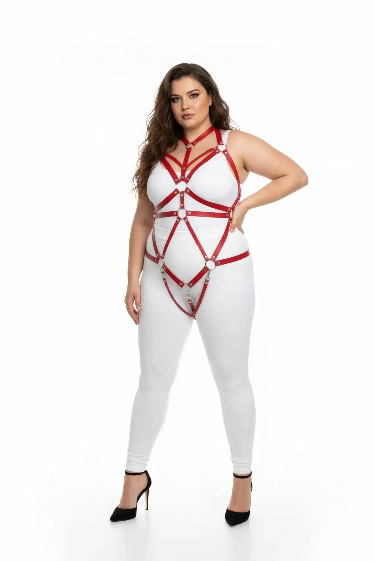 Plus-Size Red Choker Cage Full-Body Harness by HarnessClub; red vegan leather, six-tier straps
