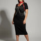 Plus Size Red Choker Chain Bib Harness by HarnessClub, vegan leather with silver chain drape over black dress