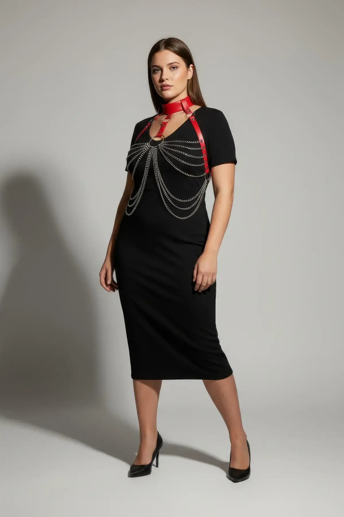 Plus Size Red Choker Chain Bib Harness by HarnessClub, vegan leather with silver chain drape over black dress