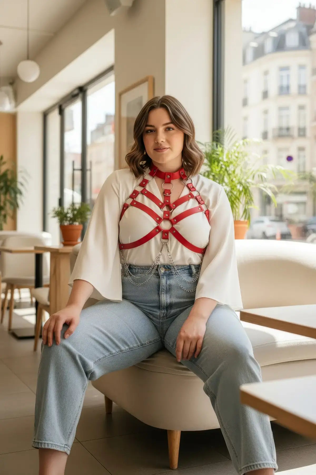 Plus Size Red Choker Chest Harness with Chain Drop in vegan leather by HarnessClub