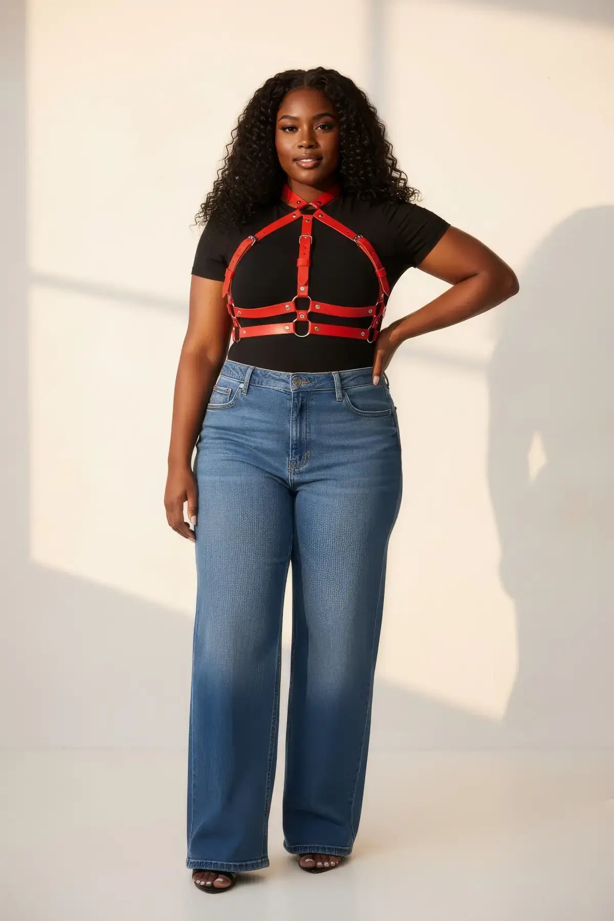 Plus Size Red Choker-Collar Full Body Harness by HarnessClub, red vegan leather body accessory worn over black top