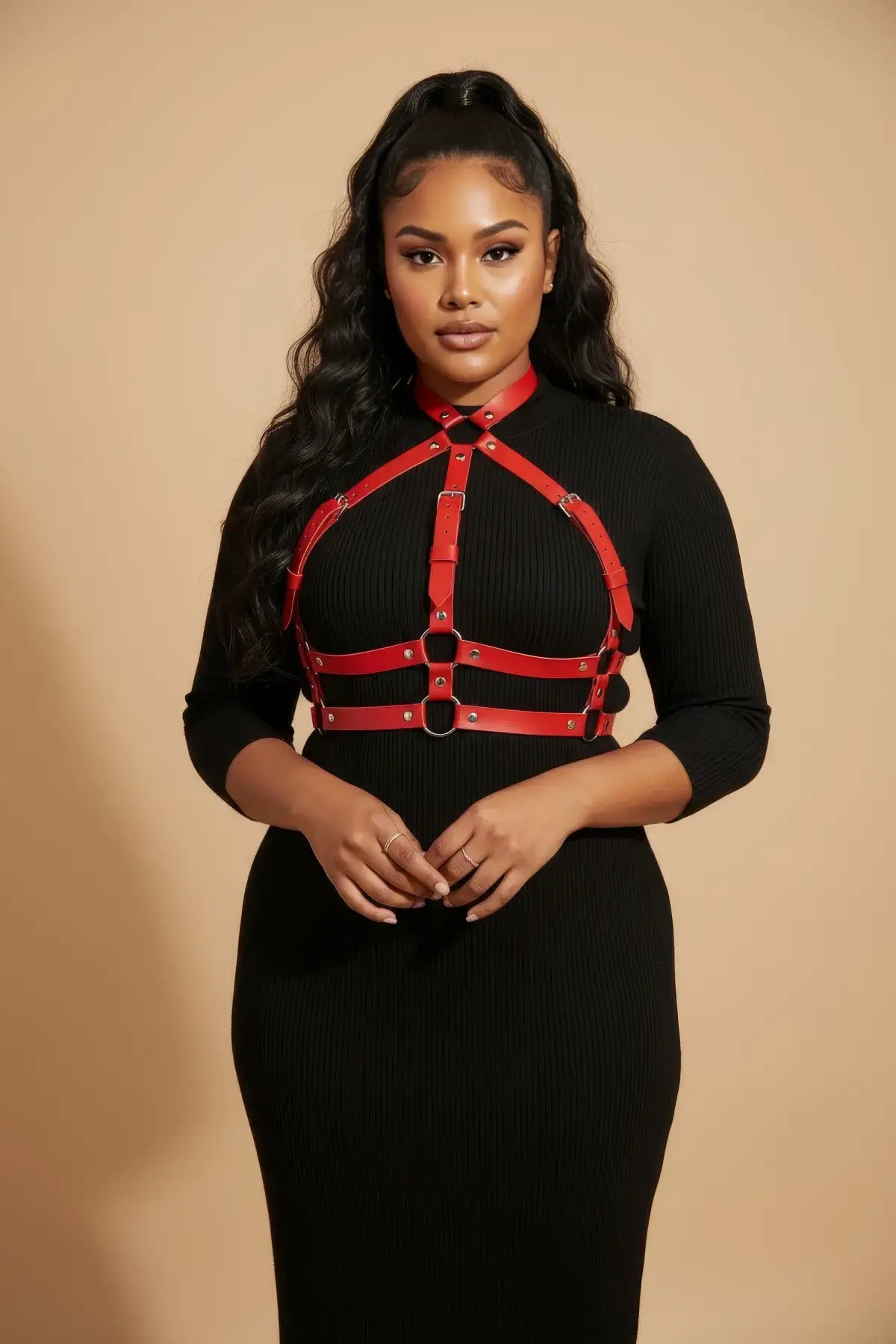 Plus Size Red Choker-Collar Full Body Harness in vegan leather worn over black dress