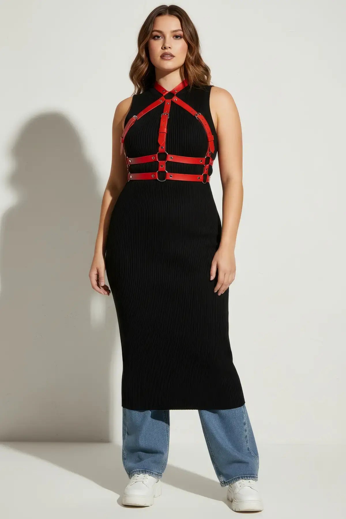 Plus Size Red Choker-Collar Full Body Harness by HarnessClub, red vegan leather straps.
