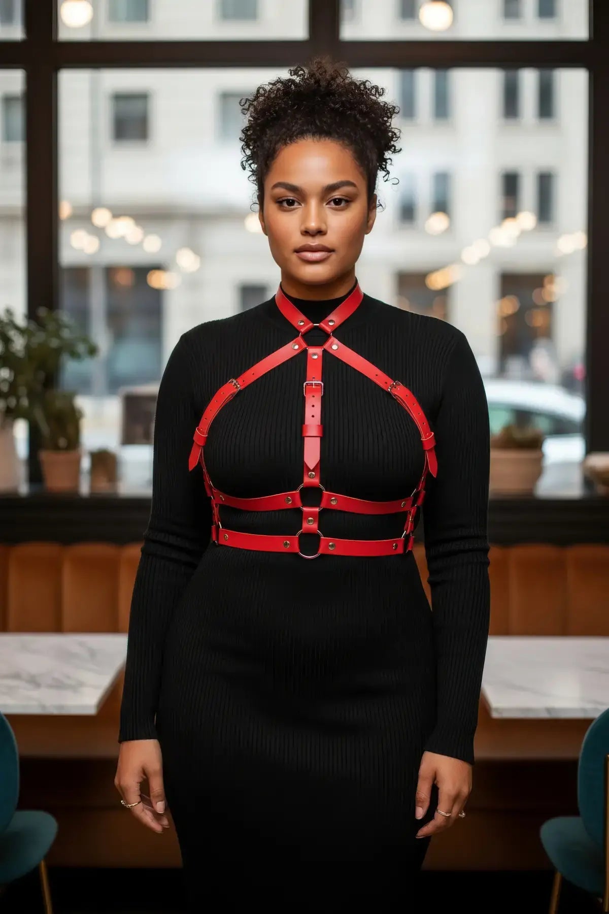 Plus Size Red Choker-Collar Full Body Harness by HarnessClub, vegan leather straps worn over black top