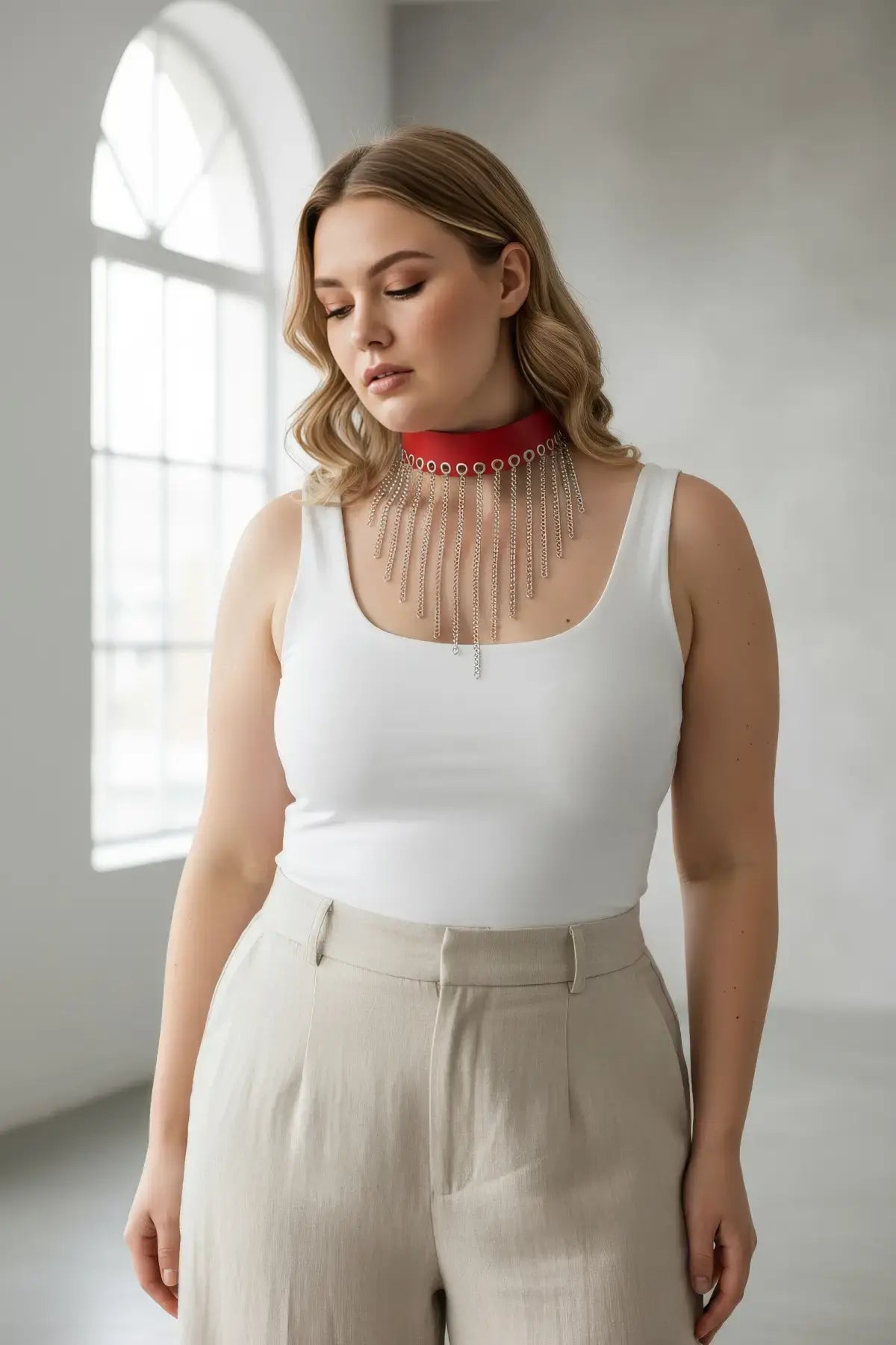 Plus Size Red Vegan Leather Choker with Silver Chain Fringe Bib worn by model in a white sleeveless top