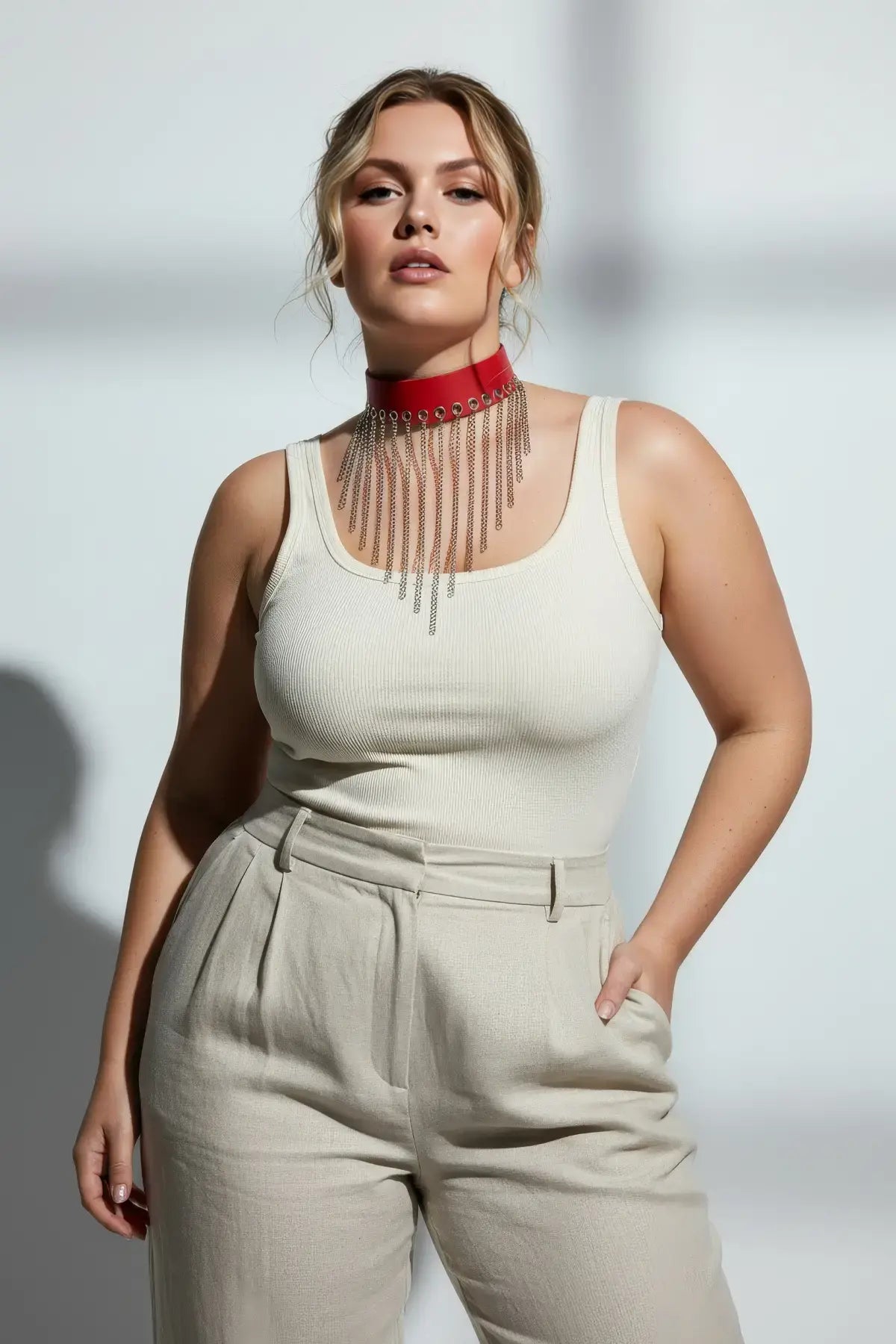 Plus-Size Red Vegan Leather Choker with Silver Chain Fringe Bib by HarnessClub