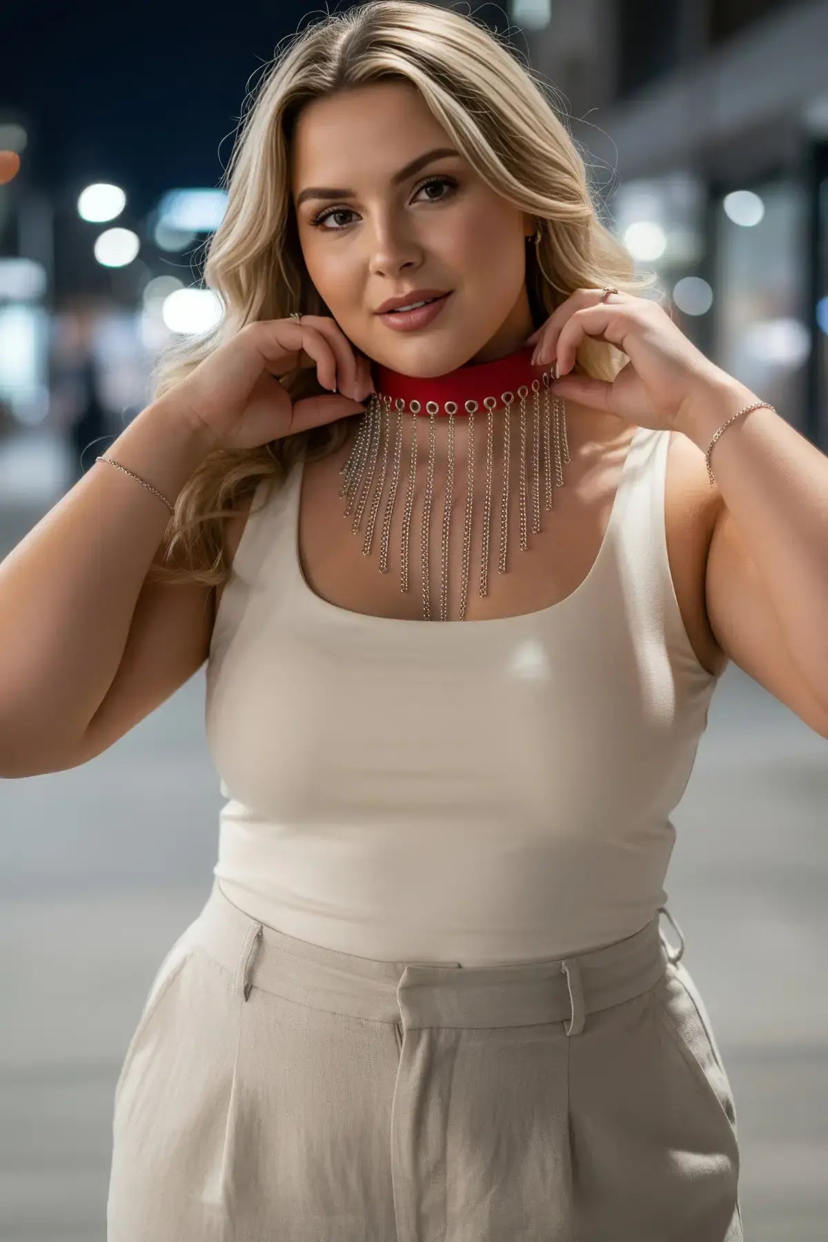 Plus Size Red Vegan Leather Choker with Silver Chain Fringe Bib by HarnessClub
