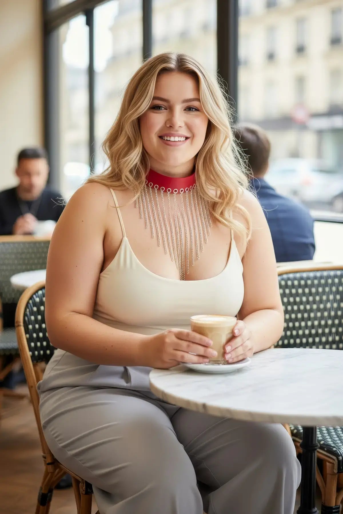 Plus-size red vegan leather choker with silver chain fringe bib