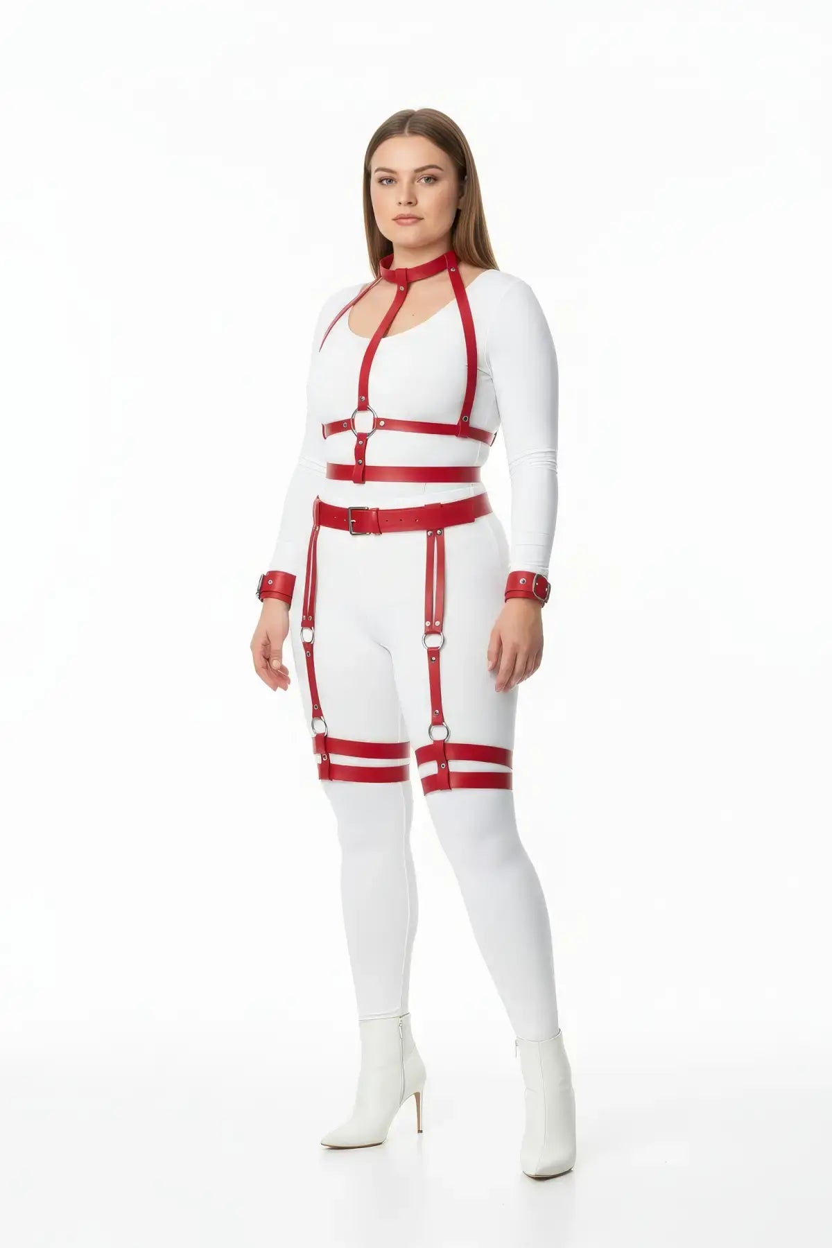 Plus size red vegan leather collar, cuffs and garter full-body harness set by HarnessClub
