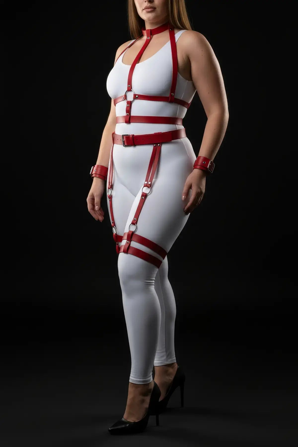 Plus Size Red Collar, Cuff & Garter Full Body Harness Set by HarnessClub; vegan leather with collar, cuffs, garters