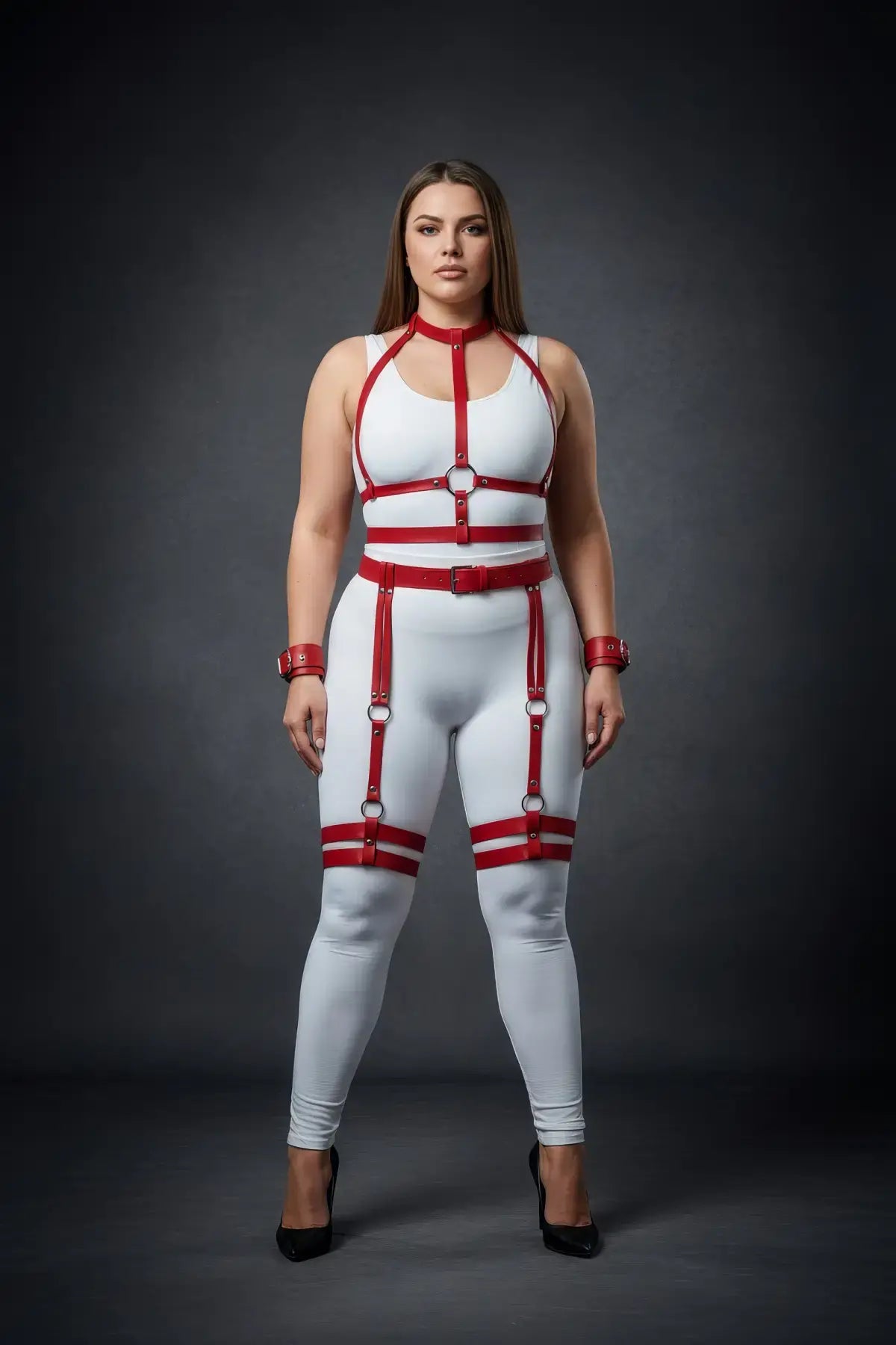 Plus-size red vegan leather harness set on model, featuring full-body straps, collar, cuffs, and garters (HarnessClub).