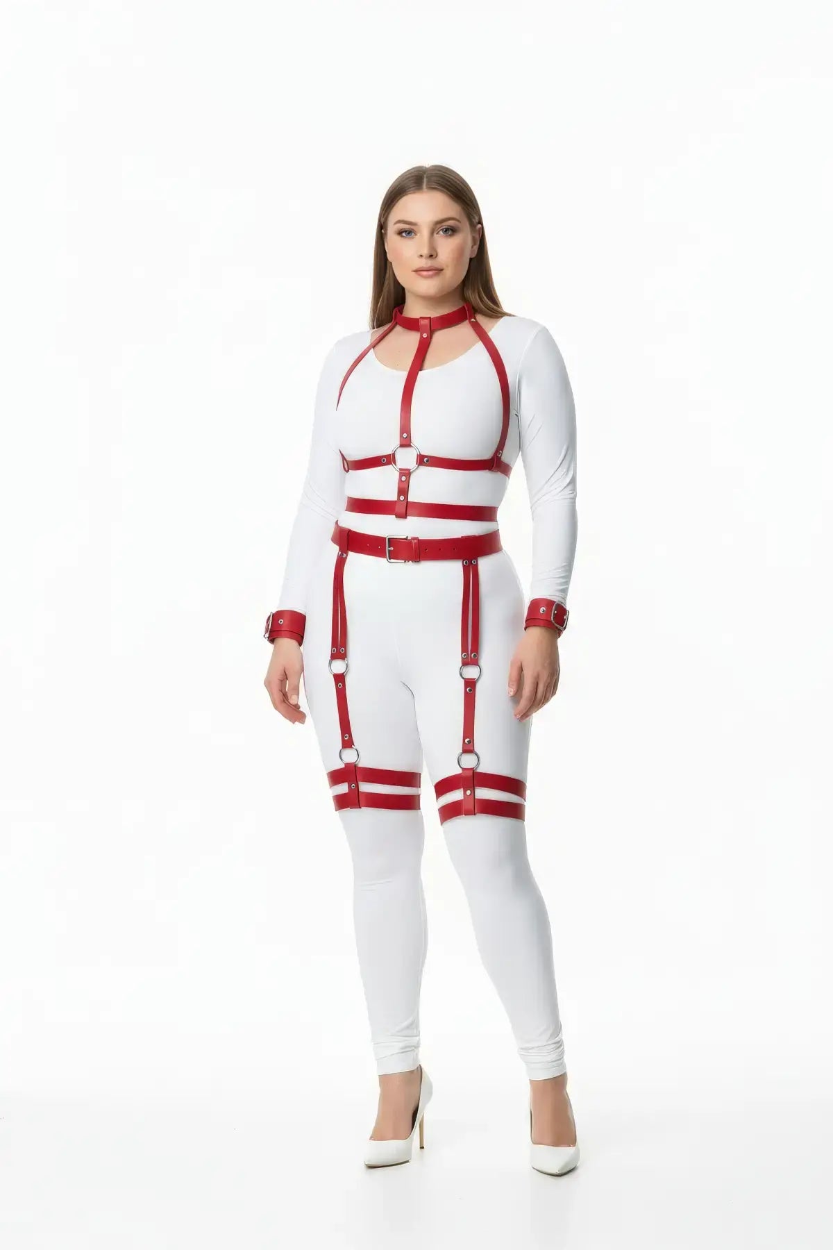 Plus-size red collar, cuffs, and garter vegan leather five-piece full-body harness set by HarnessClub