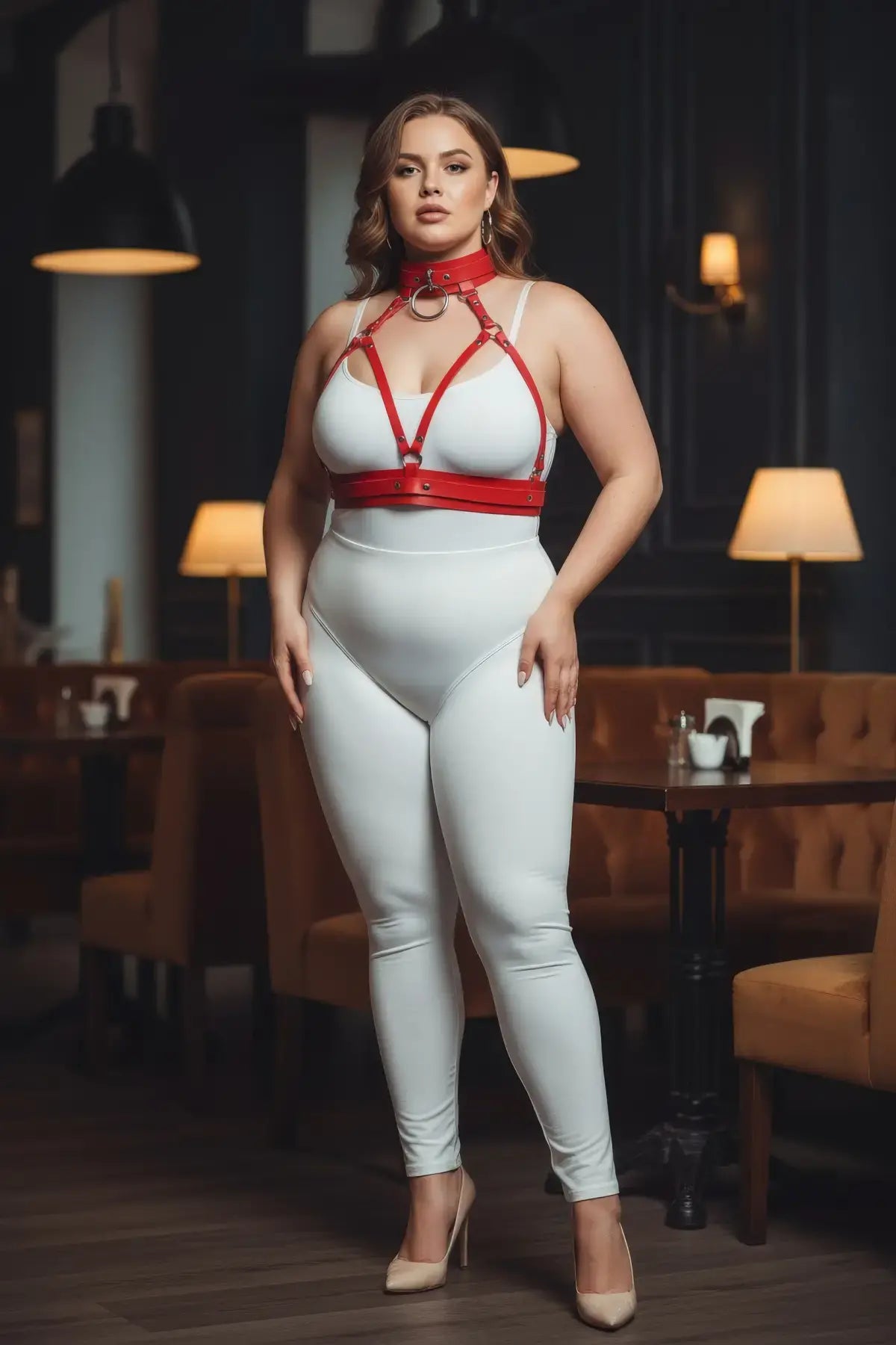 Plus-size red collar-detail faux leather harness set worn over white bodysuit