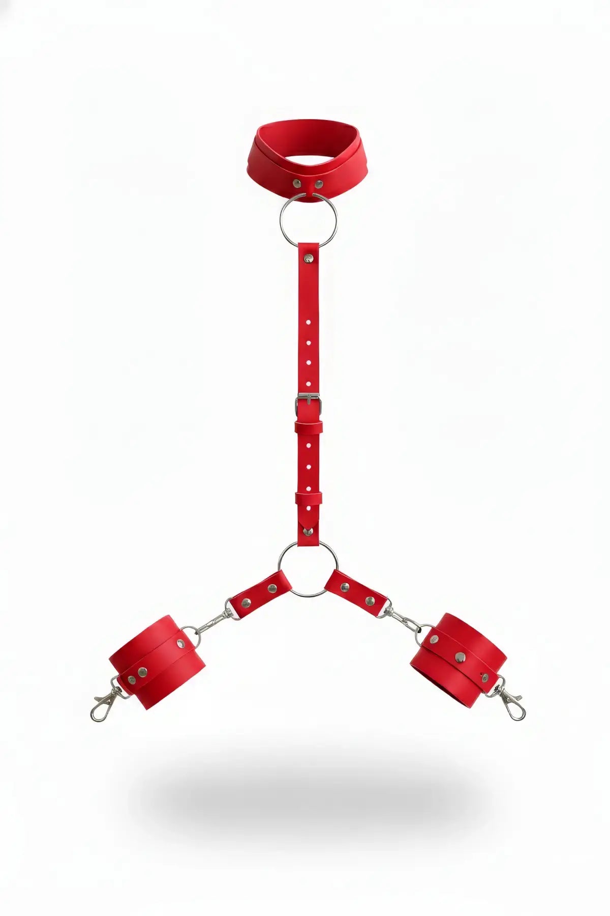 Plus size red vegan-leather collar with a metal ring, linked to red cuffs in a harness set.
