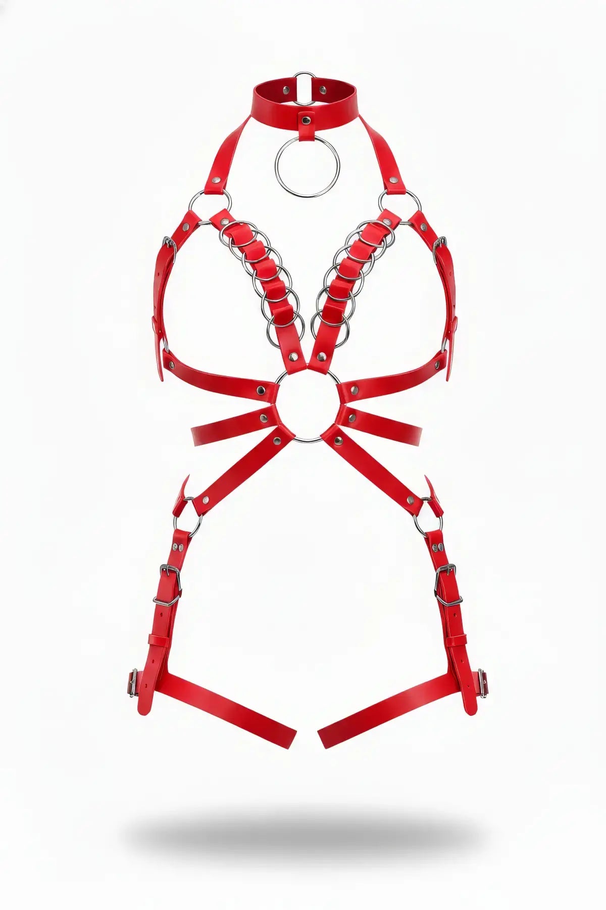 Plus Size Red Collar & Ring-Detail Full Body Harness by HarnessClub, vegan leather