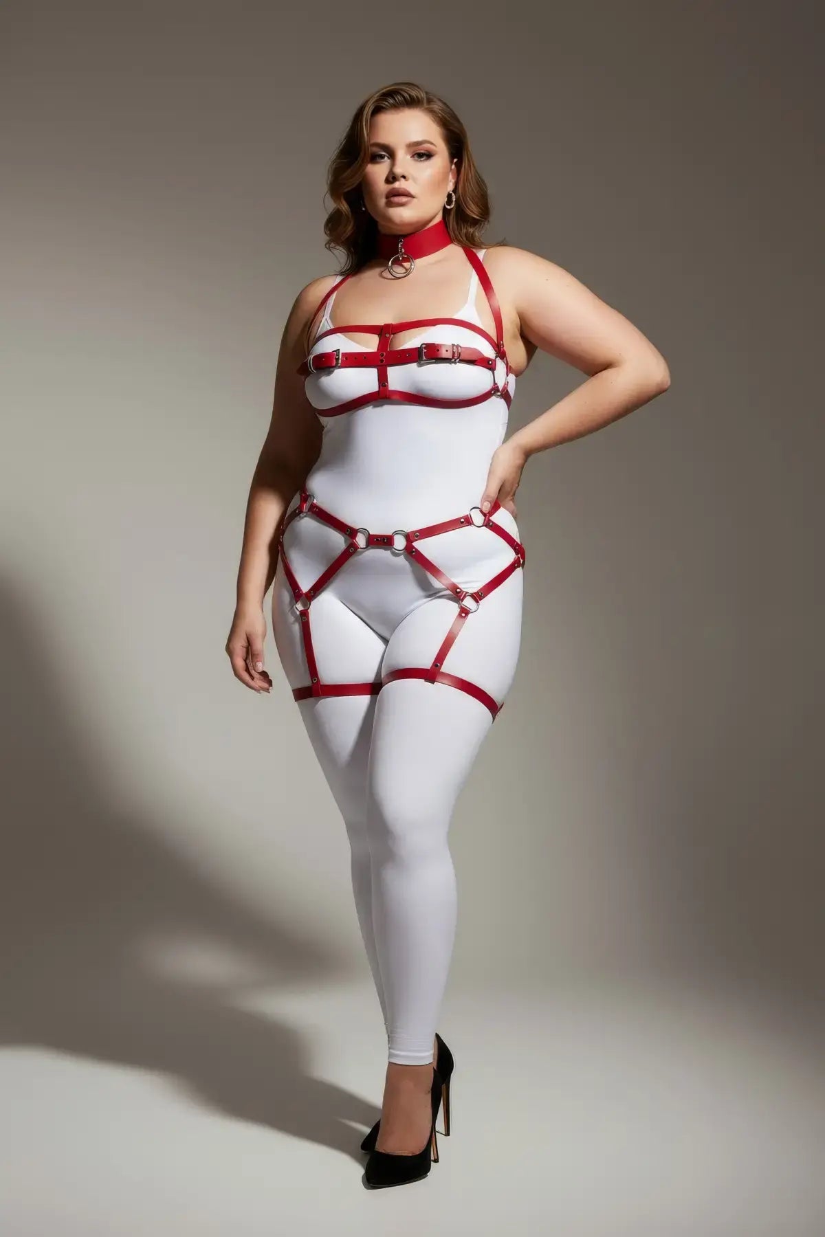 Plus Size Red Complete Garter Body Harness by HarnessClub, red vegan leather multi-zone design.