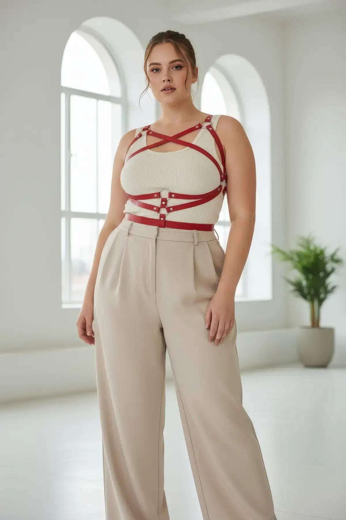 Plus Size Red Corset-Detail Leather Body Accessory by HarnessClub, red leather harness with buckles over a beige top.