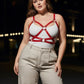 Plus-size red leather corset-detail body harness by HarnessClub.