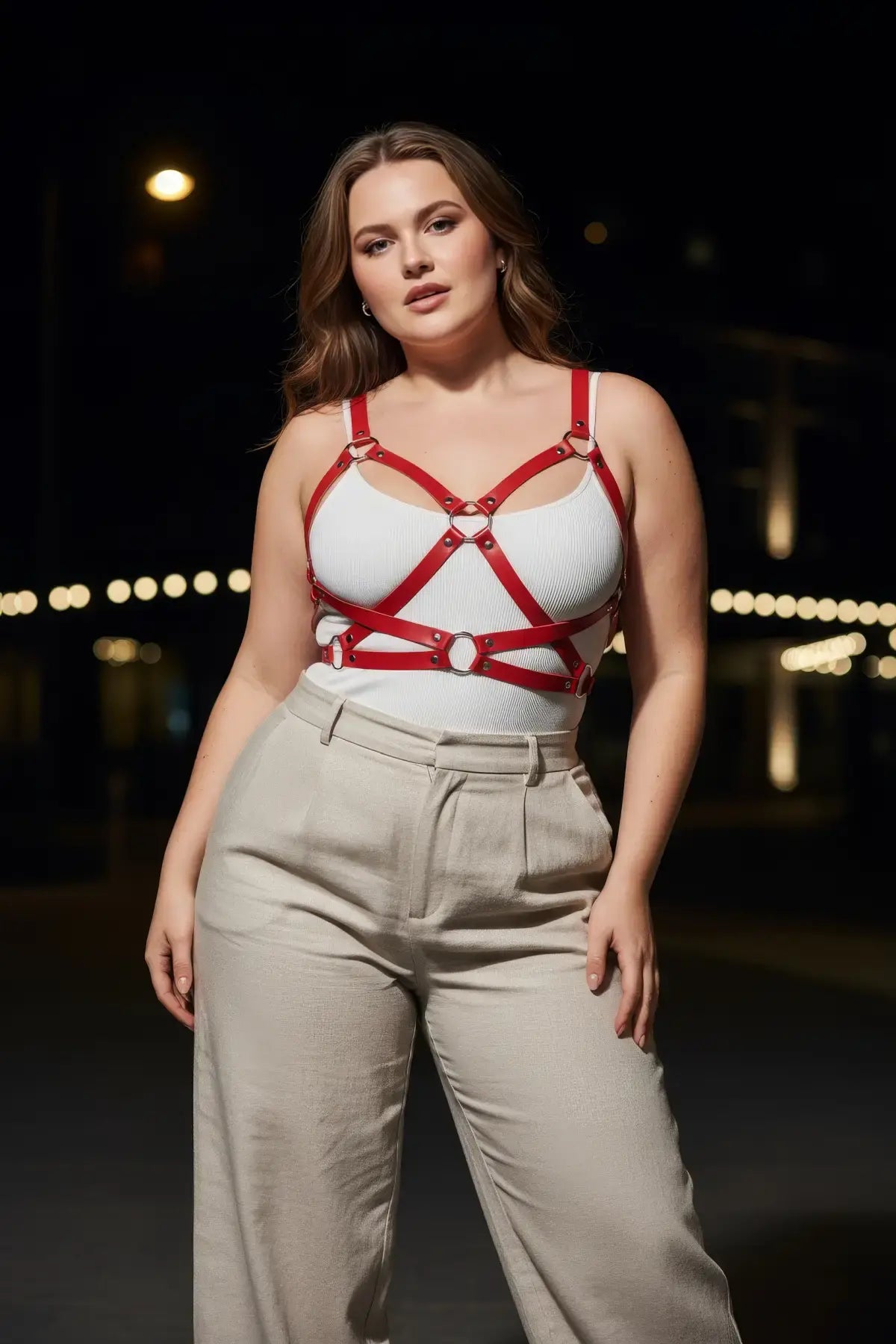 Plus-size red leather corset-detail body harness by HarnessClub.