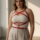 Plus Size Red Corset-Detail Leather Body Accessory by HarnessClub; red leather strappy harness with metal rings.