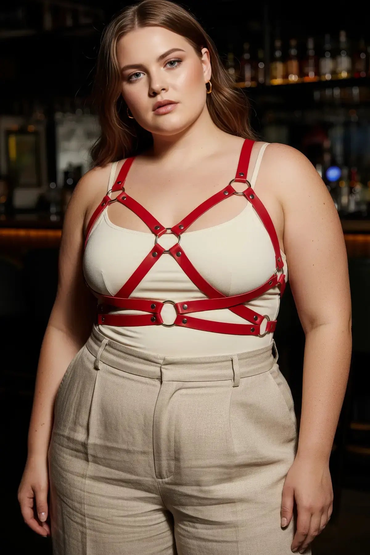 Plus-size red leather corset-detail body harness by HarnessClub
