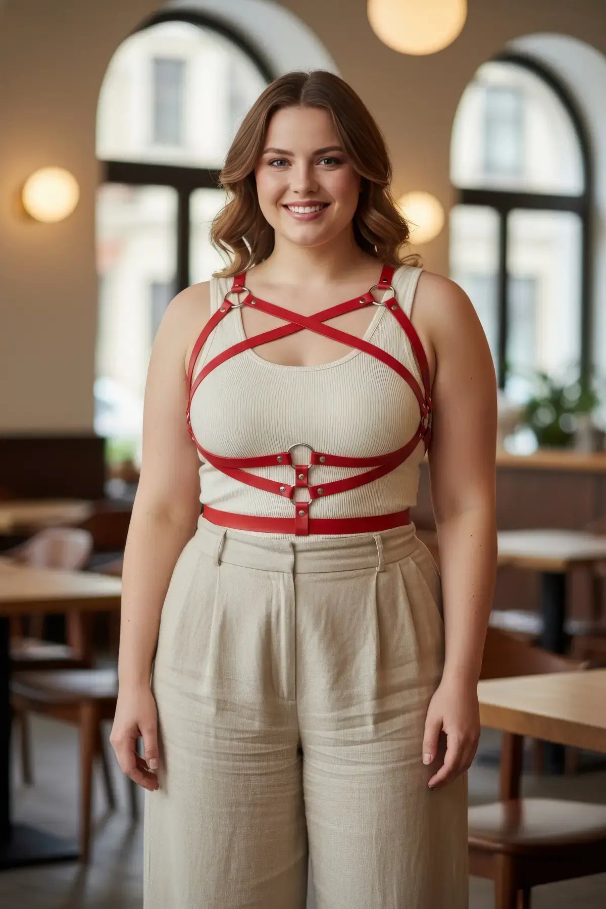 Plus size red leather corset-detail body accessory worn over a beige top