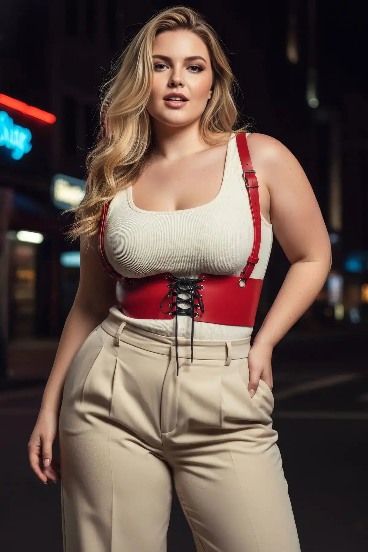 Plus size red vegan leather corset harness with lace-up front worn over a white tank top.