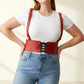 Plus Size Red Corset Harness by HarnessClub, lace-up front vegan leather with shoulder straps.