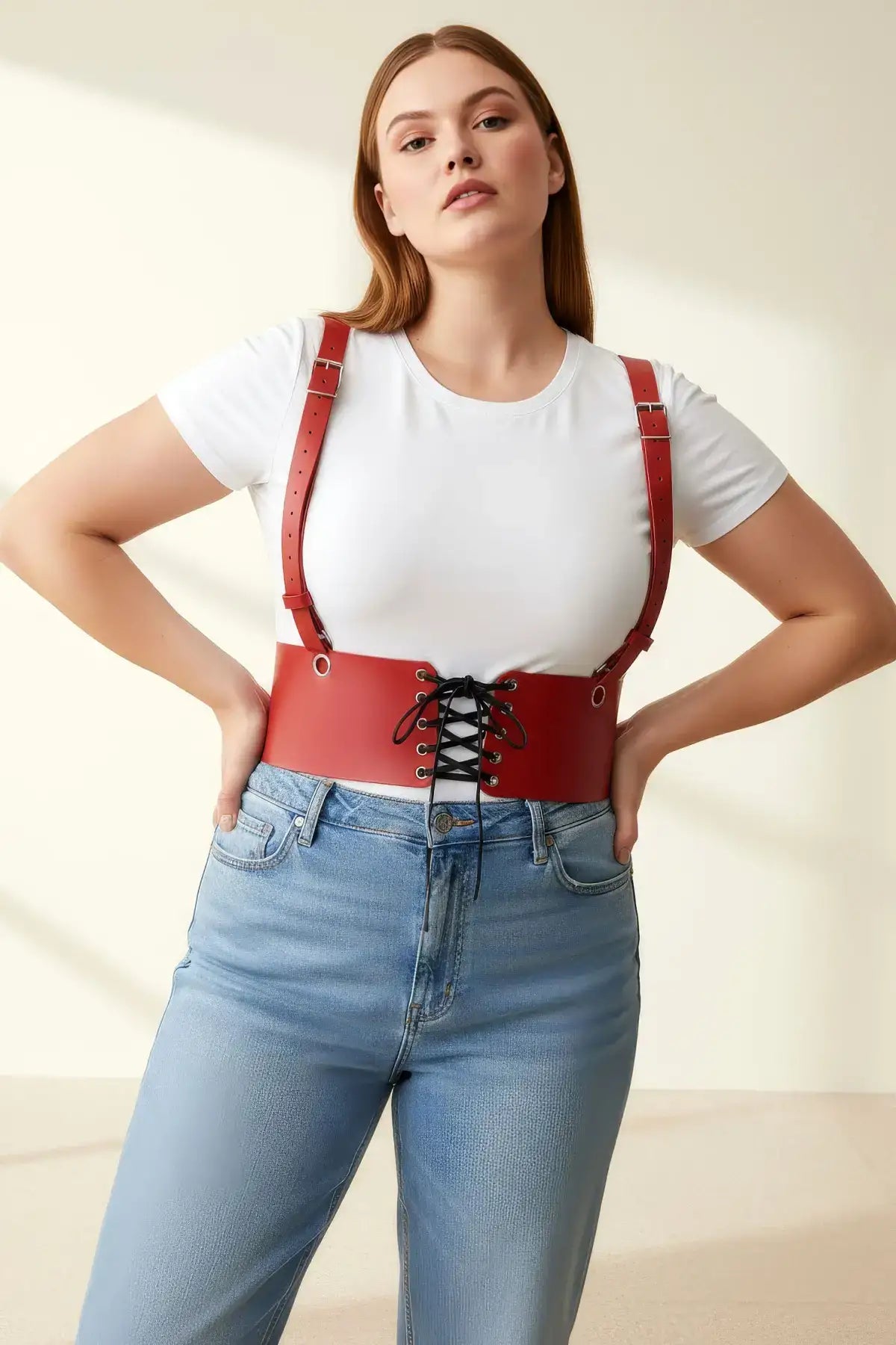 Plus Size Red Corset Harness by HarnessClub, lace-up front vegan leather with shoulder straps.