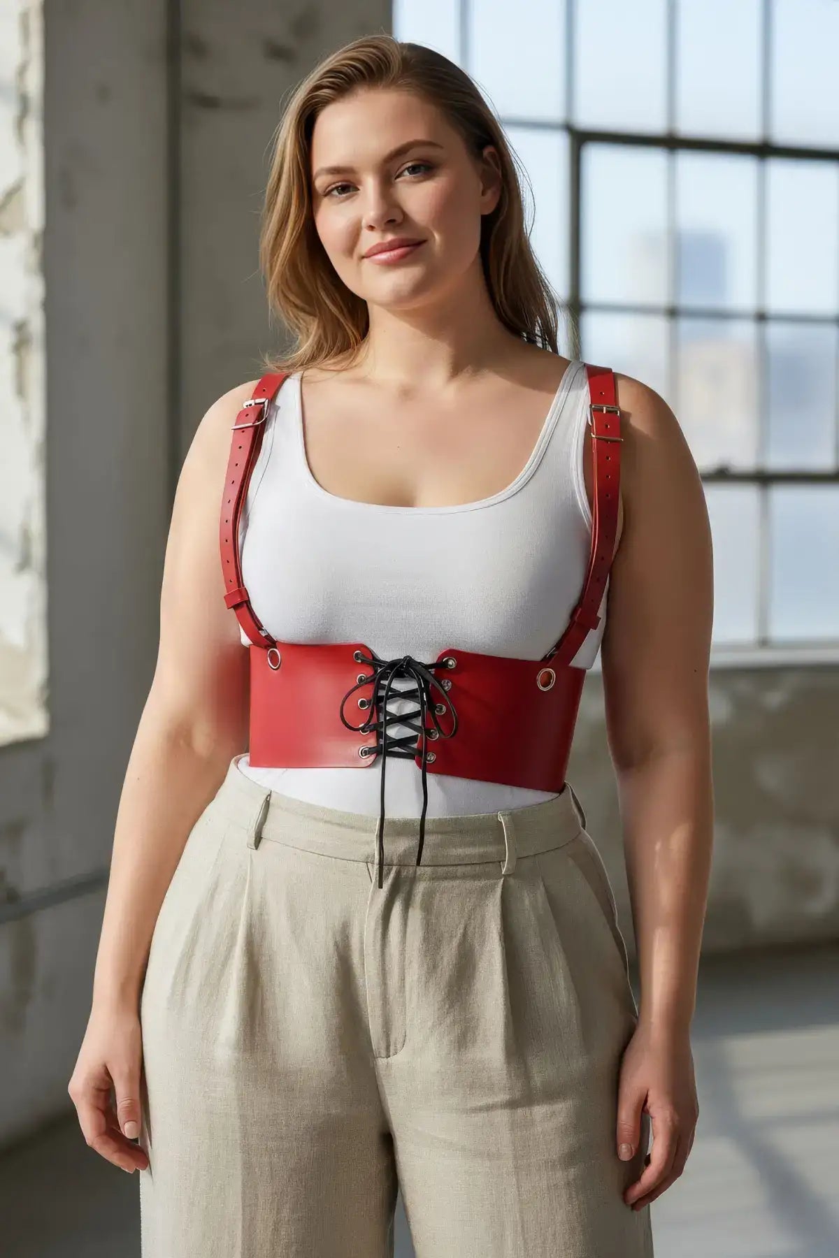 Plus-size red vegan-leather corset harness with lace-up front and adjustable shoulder straps