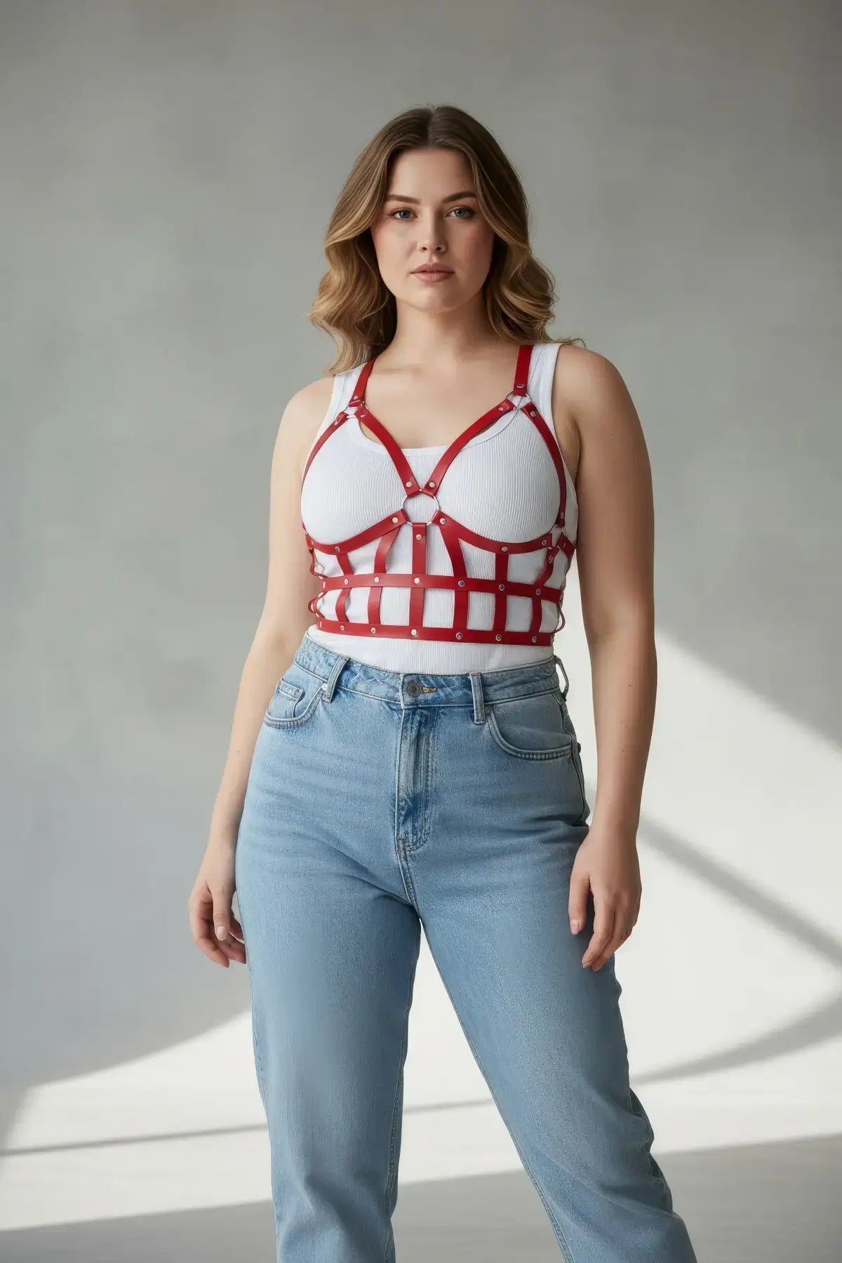 Plus-size red leather corset-style body harness worn over a white tank top and jeans.