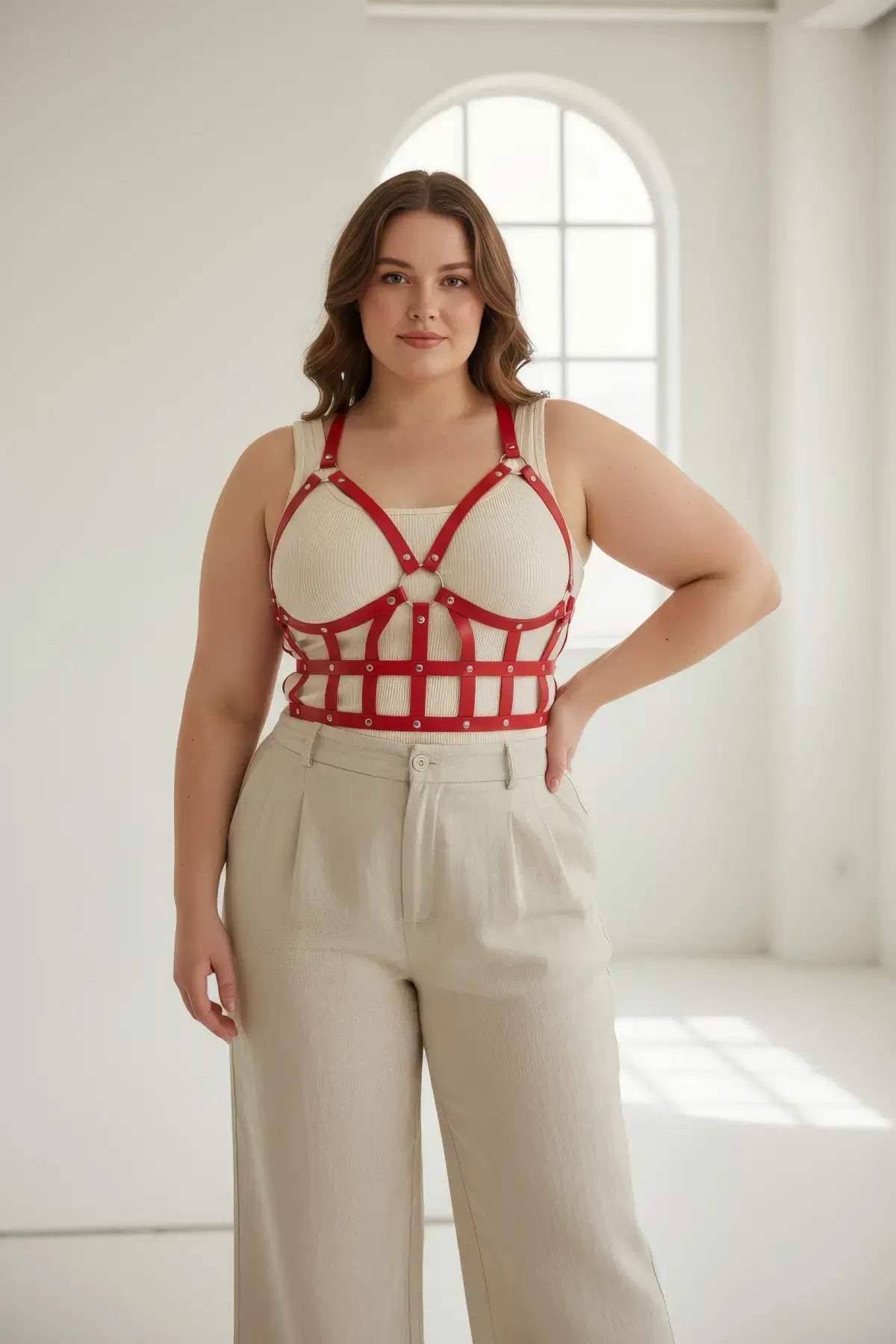 Plus-size red leather corset-style body accessory by HarnessClub
