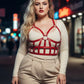 Plus size red corset-style leather body harness with metal rings by HarnessClub