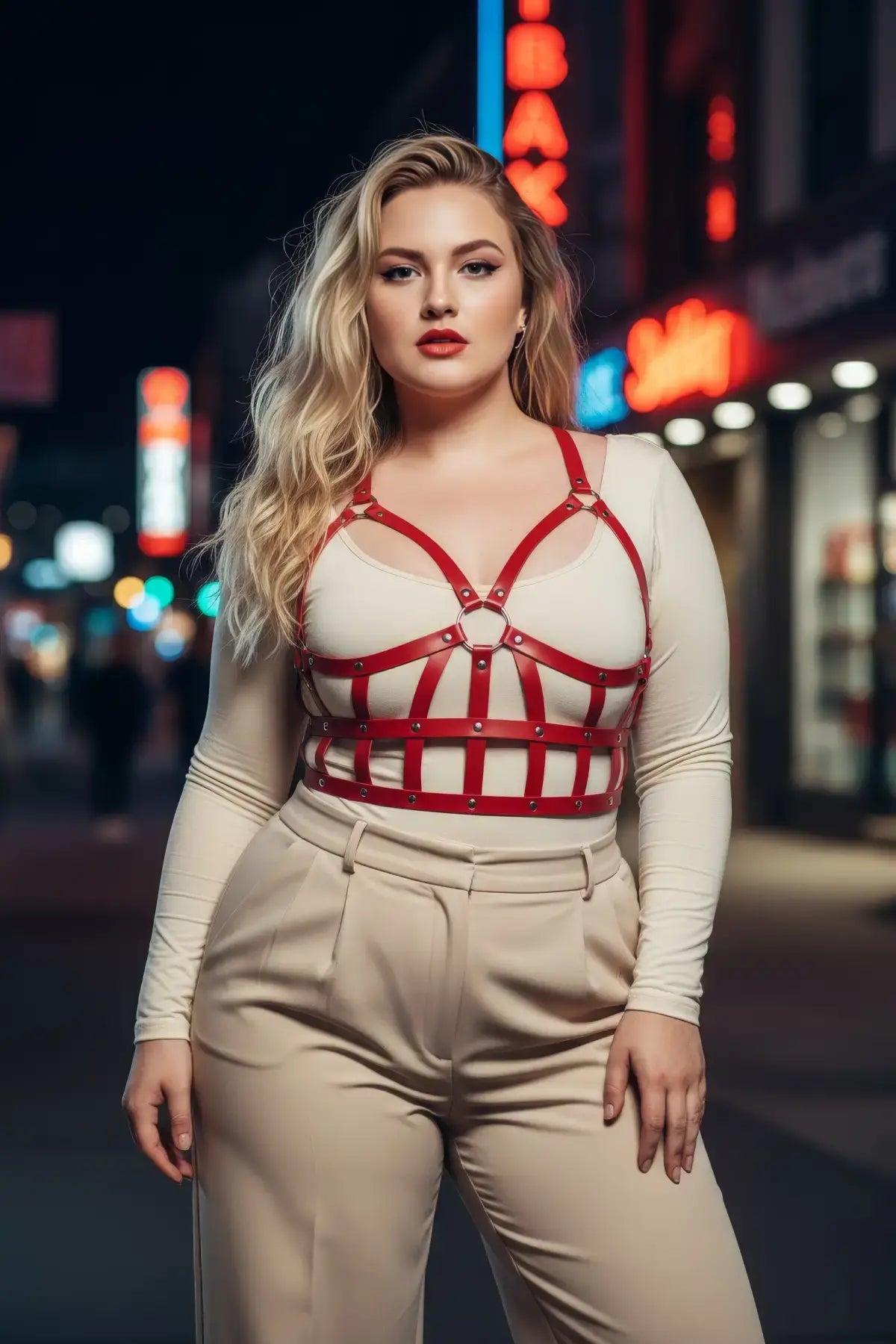 Plus size red corset-style leather body harness with metal rings by HarnessClub