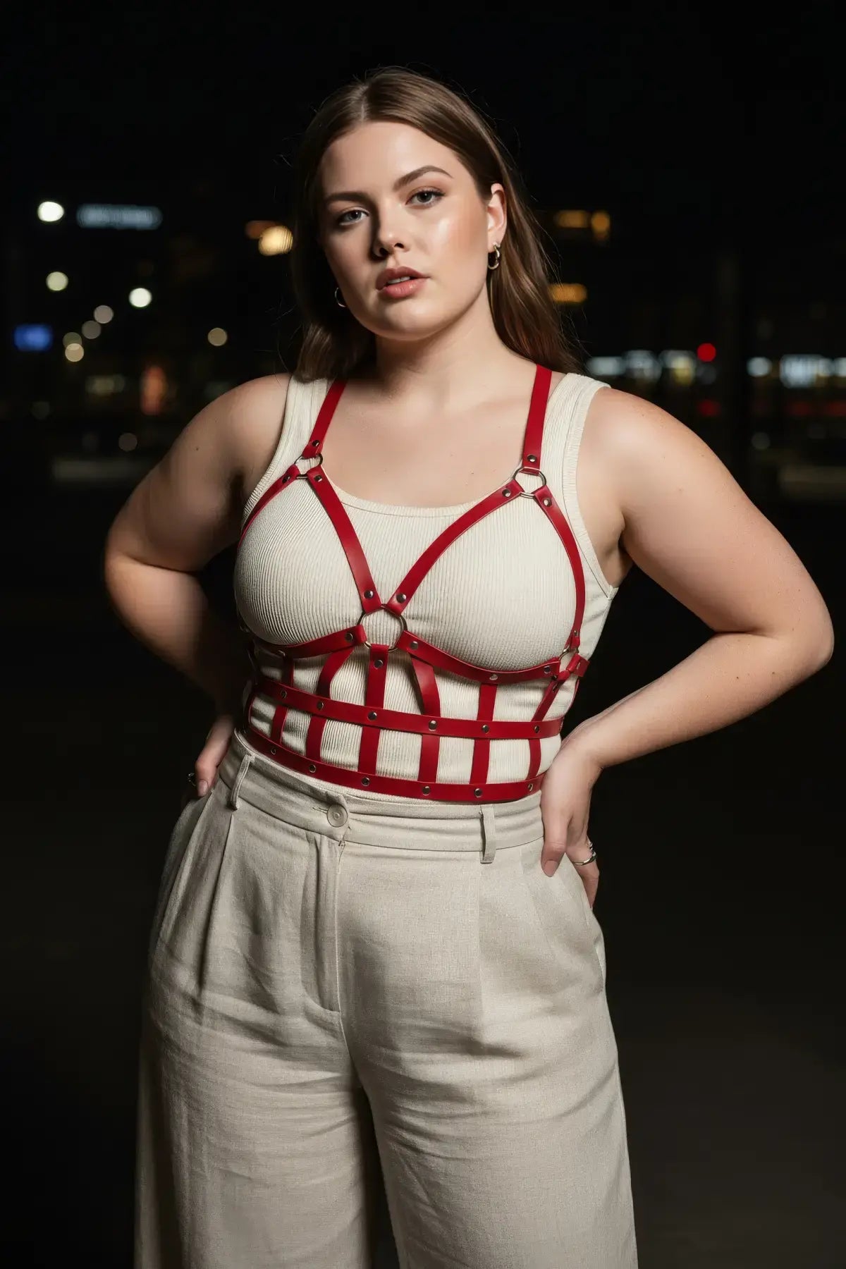Plus-size red leather corset-style body harness worn over a cream tank top