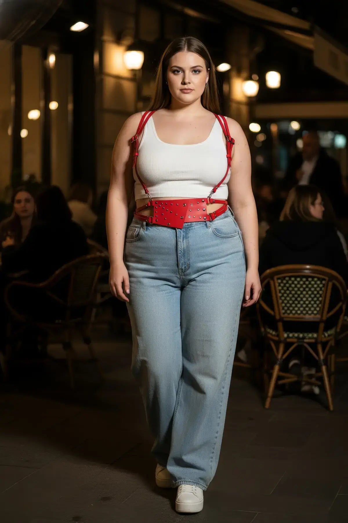 Plus-size red studded leather corset-style belt with harness straps by HarnessClub