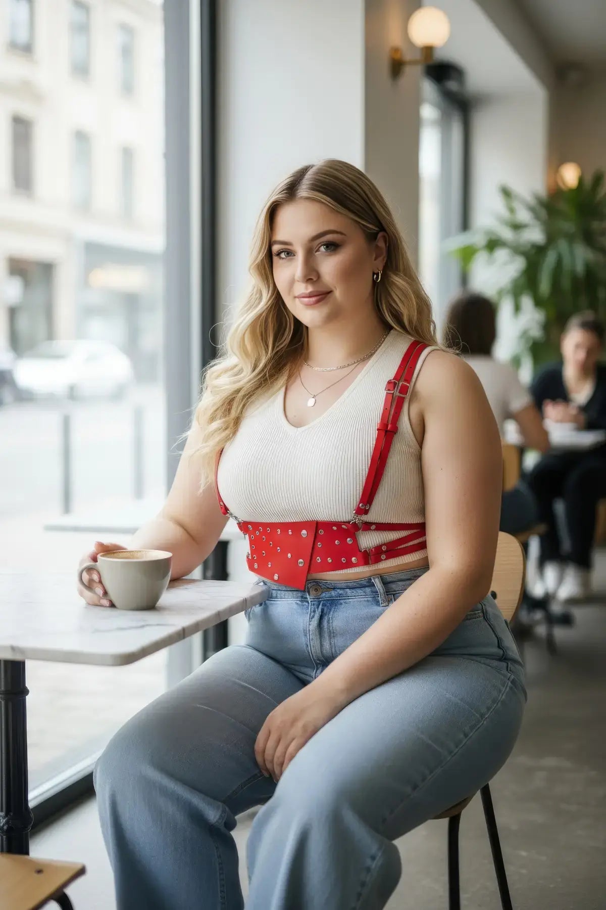 Plus-size red studded leather corset-style accessory by HarnessClub worn over a white tank