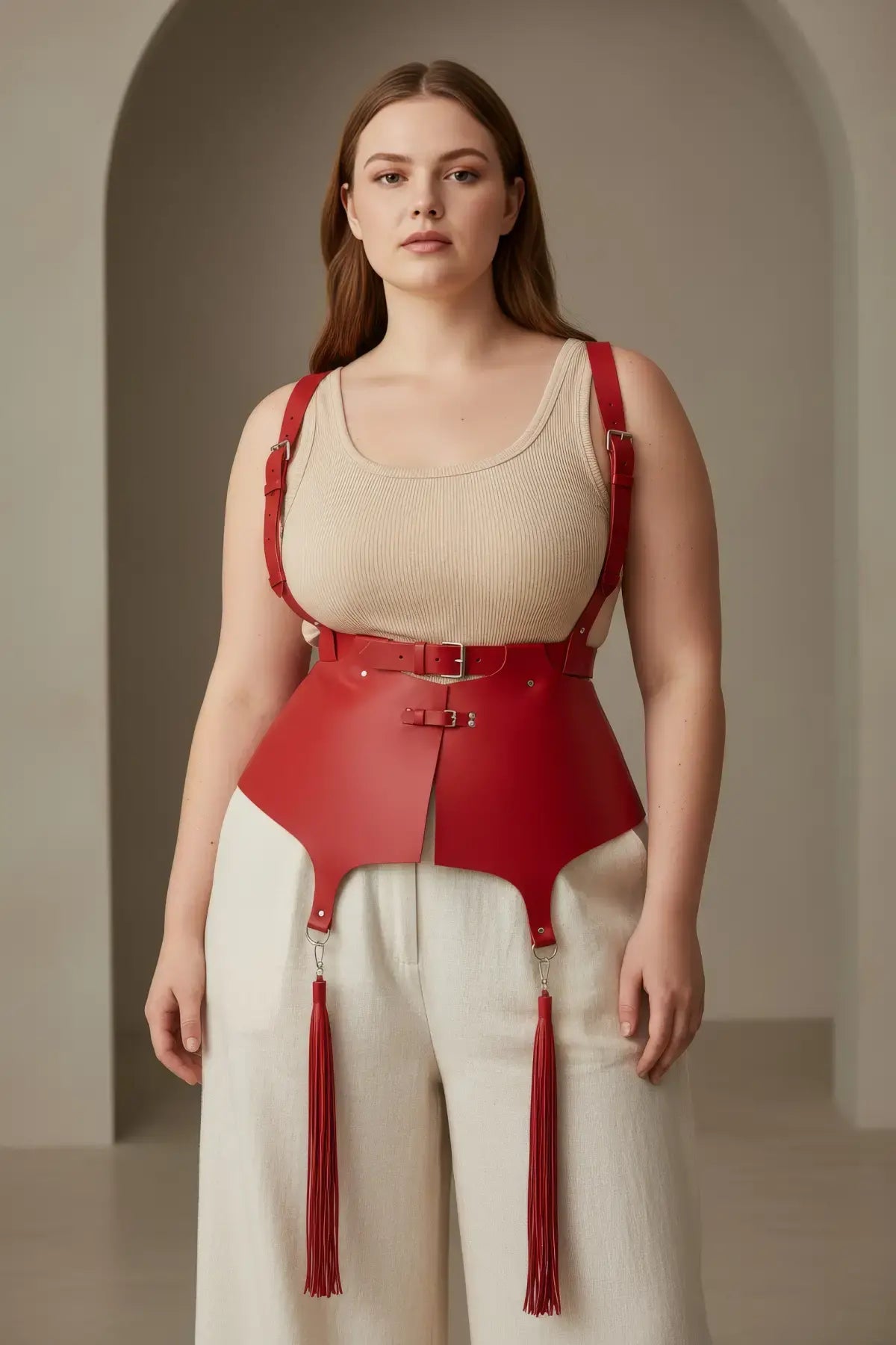 Plus size red vegan leather corset suspender harness with tassels by HarnessClub