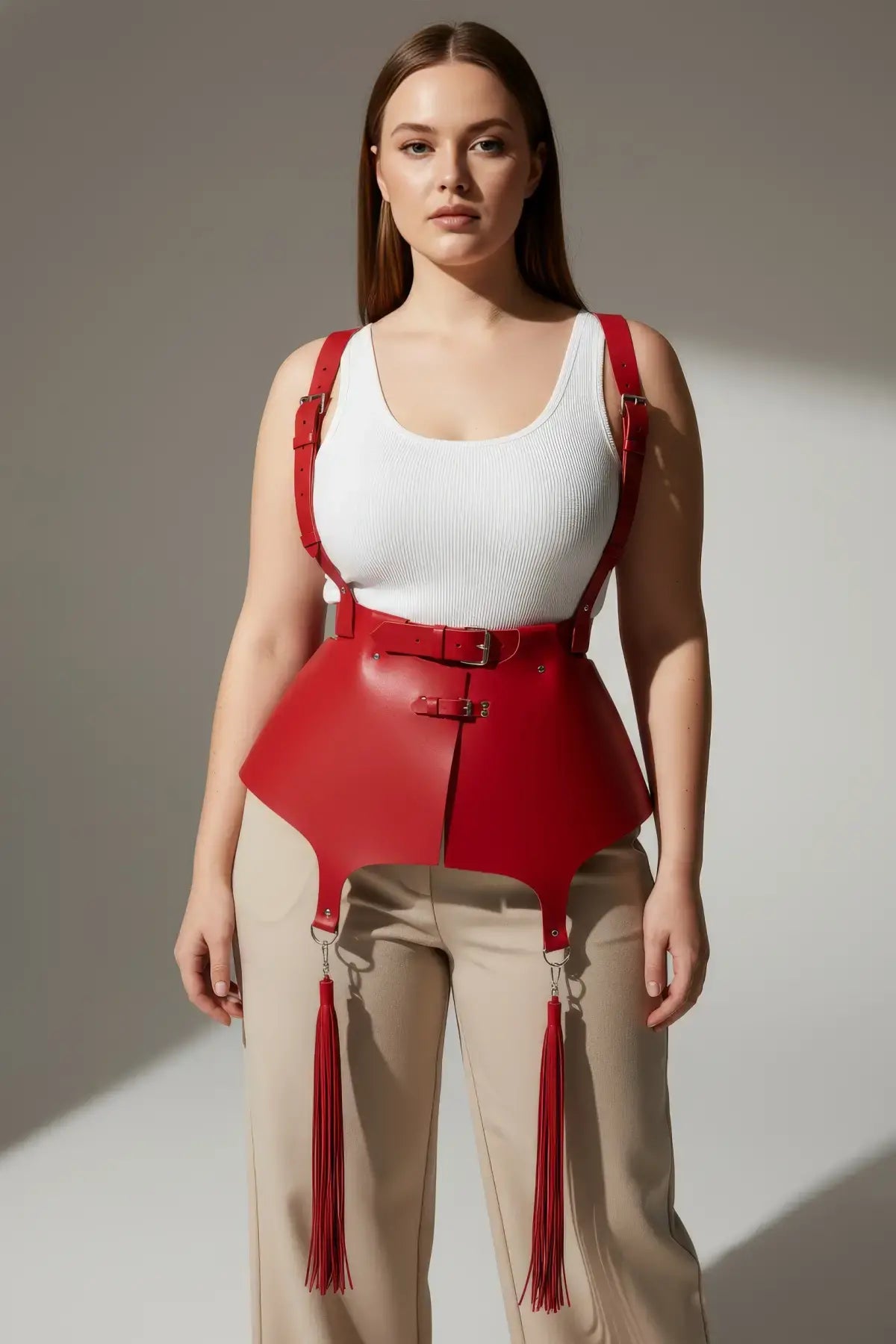 Plus-size red corset suspender harness with tassels by HarnessClub, vegan leather, shoulder straps