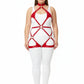 Plus Size Red Crisscross Strap Body Harness with Choker by HarnessClub, red vegan leather straps with gold hardware
