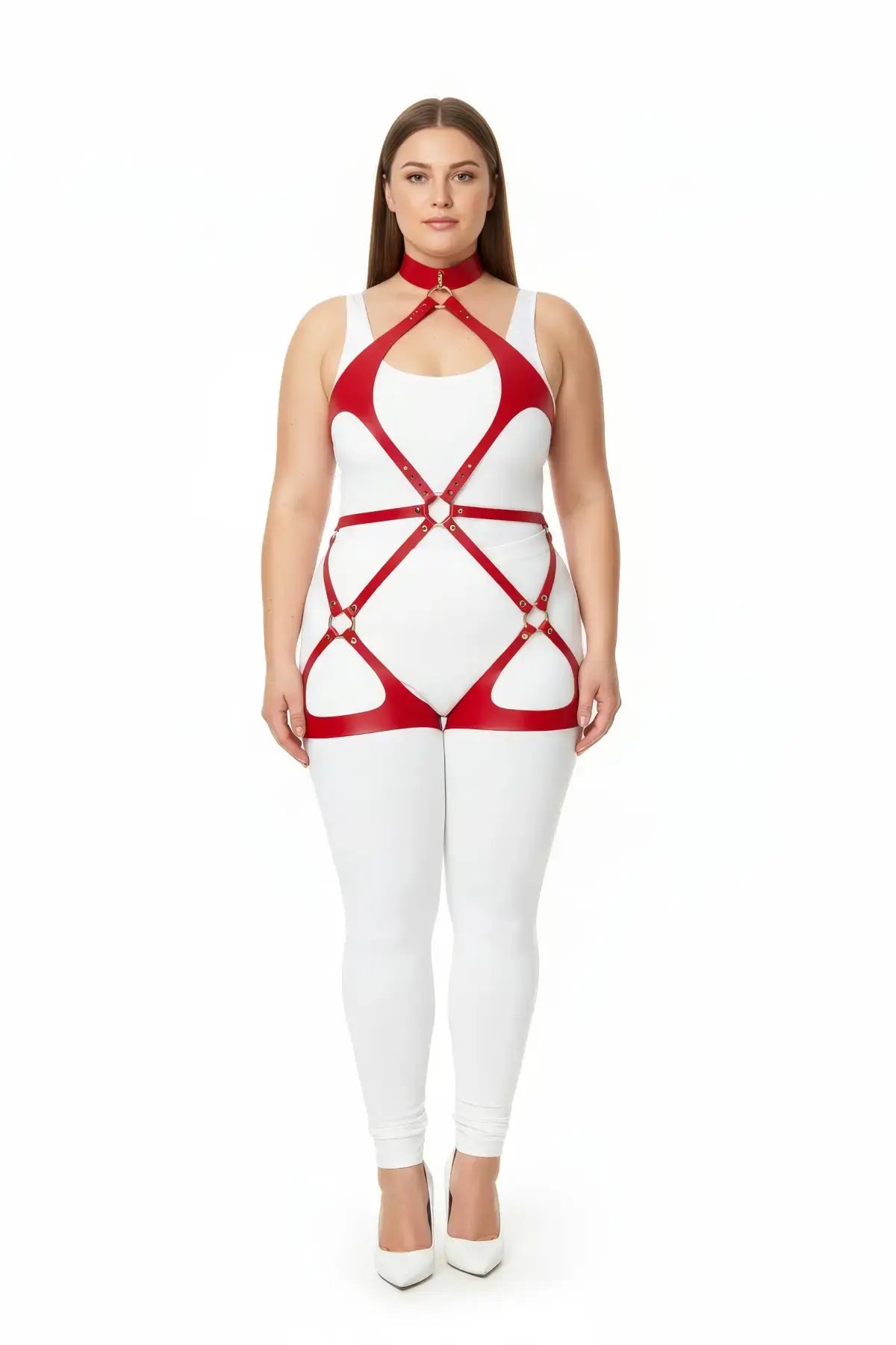 Plus Size Red Crisscross Strap Body Harness with Choker by HarnessClub, red vegan leather straps with gold hardware