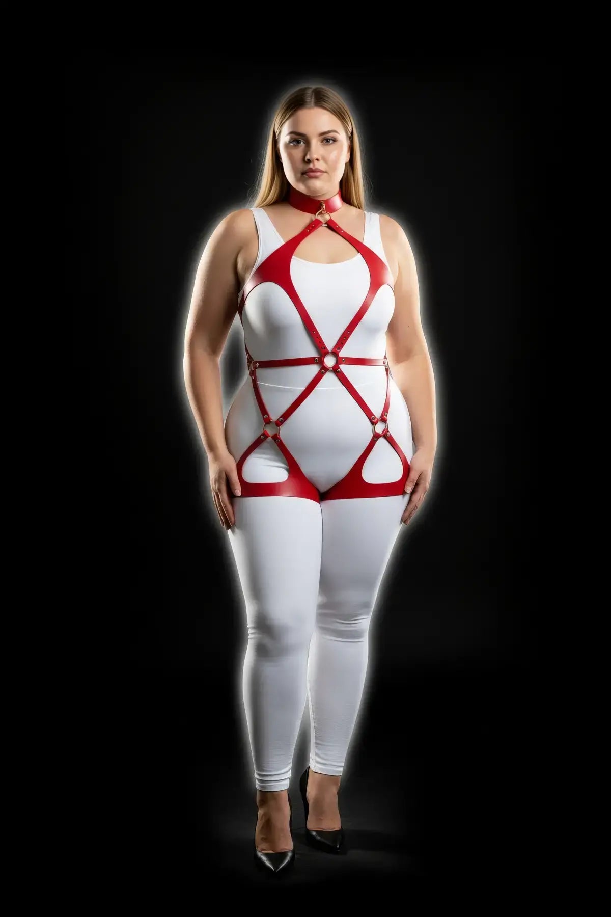 HarnessClub plus-size red vegan-leather crisscross strap body harness with choker collar and O-rings