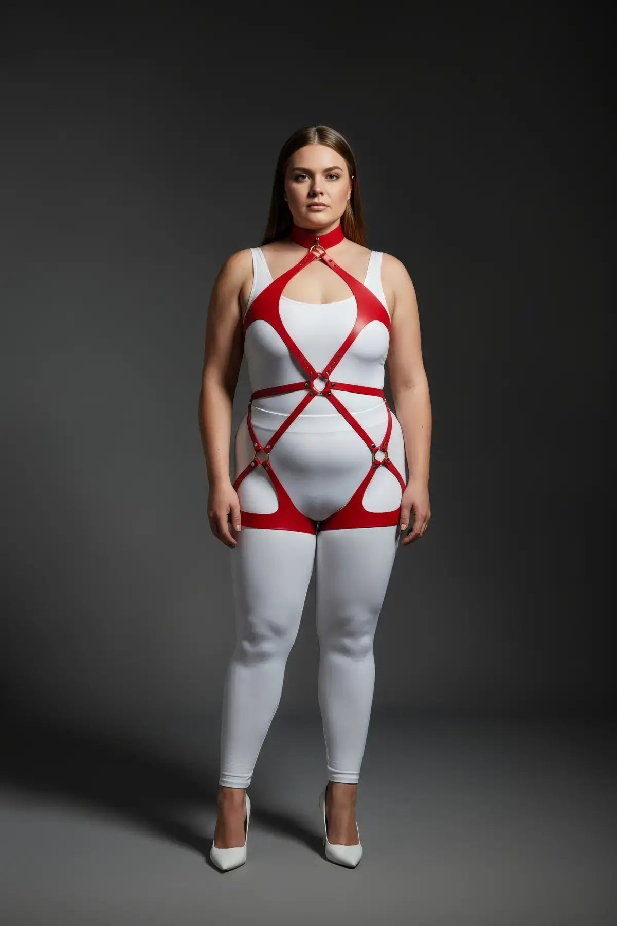 Plus size red crisscross strap body harness with choker collar, vegan leather with metal O-rings by HarnessClub