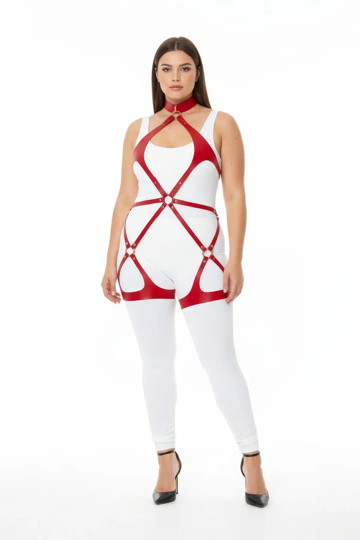 Plus-size red crisscross body harness with choker collar, vegan leather straps with O-ring worn over white bodysuit