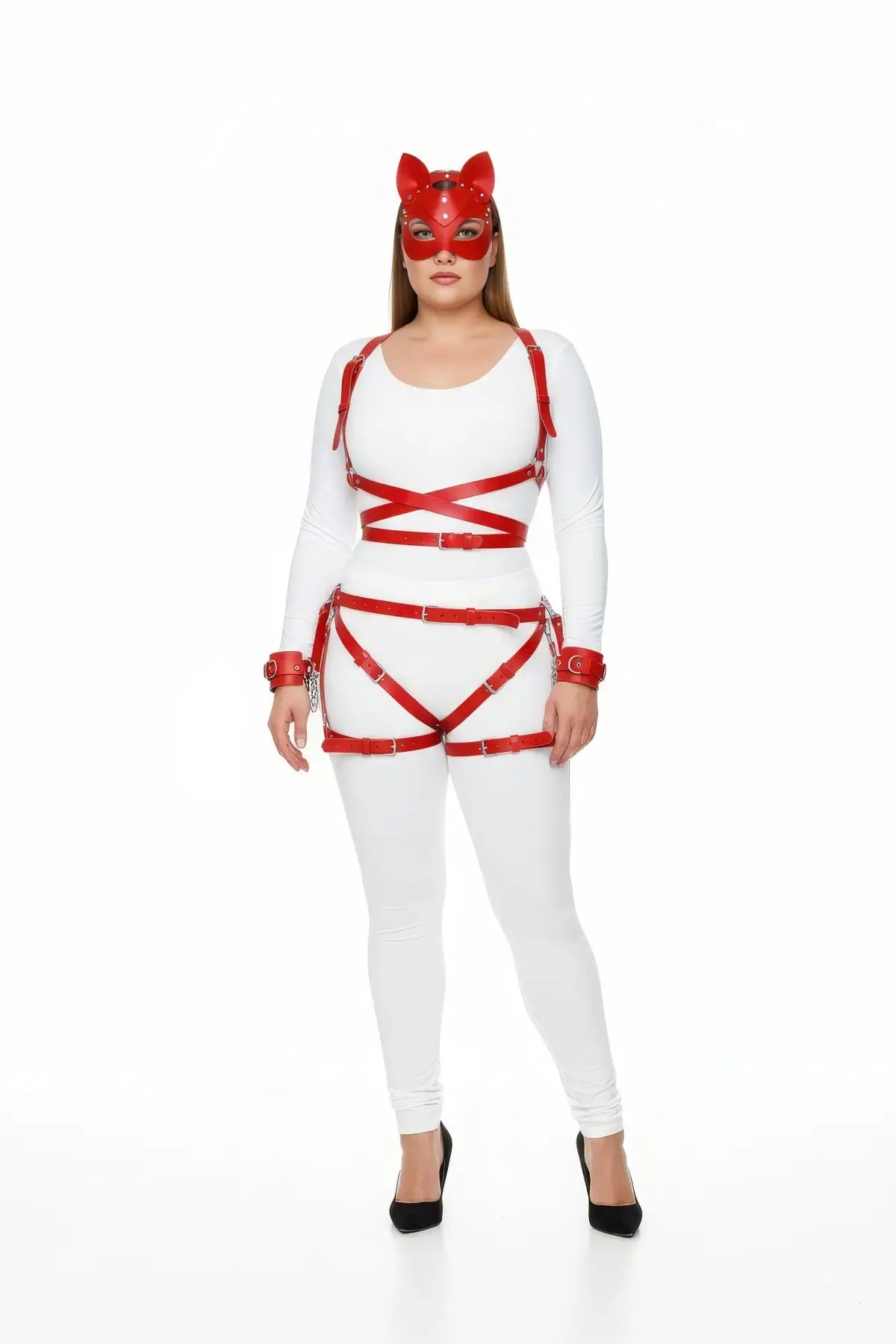 Plus-Size Red Cross-Strap Buckle Body Harness Set by HarnessClub