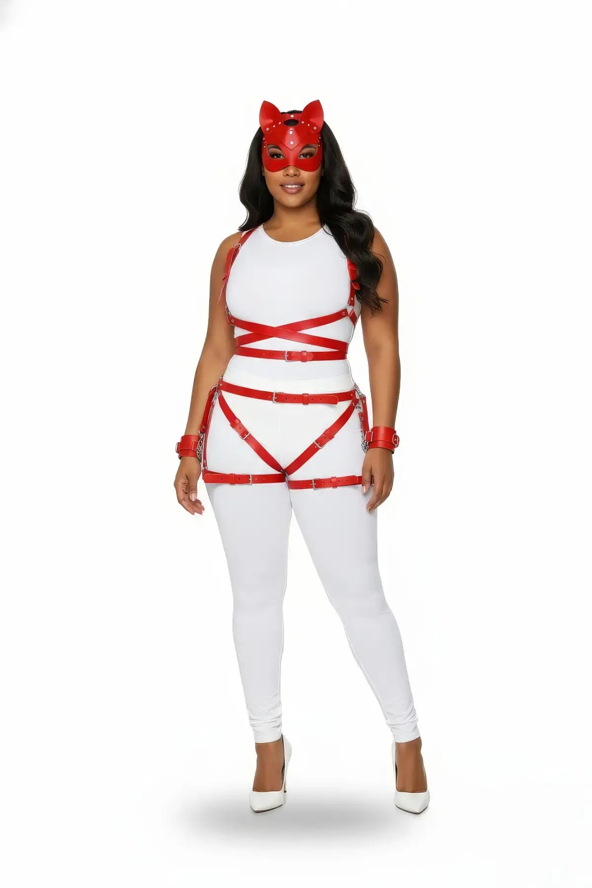 Plus Size Red Cross-Strap Buckle Body Harness Set by HarnessClub, vegan leather, worn over white outfit.