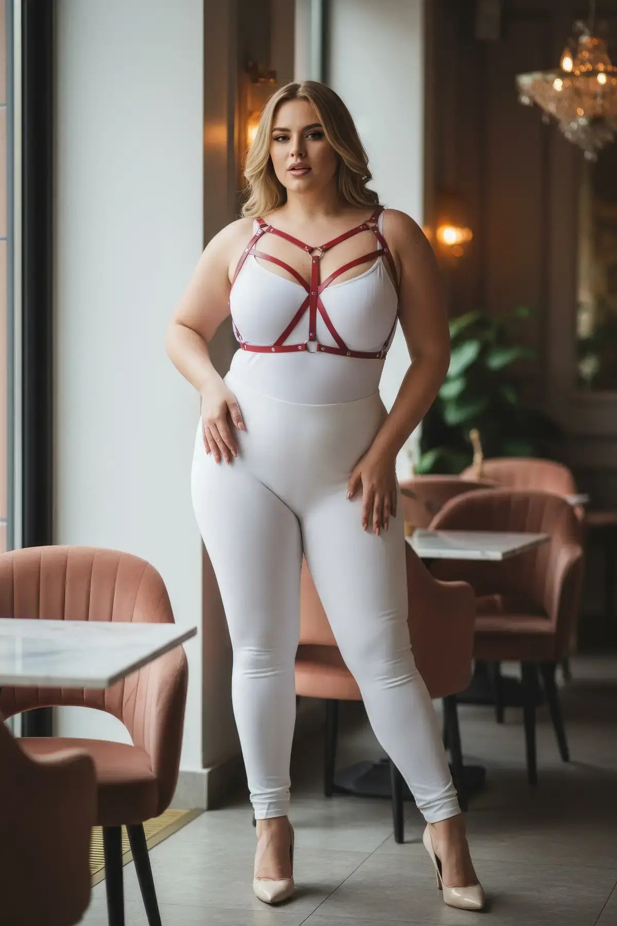 Plus Size Red Cross-Strap Faux Leather Harness by HarnessClub worn over white bodysuit.