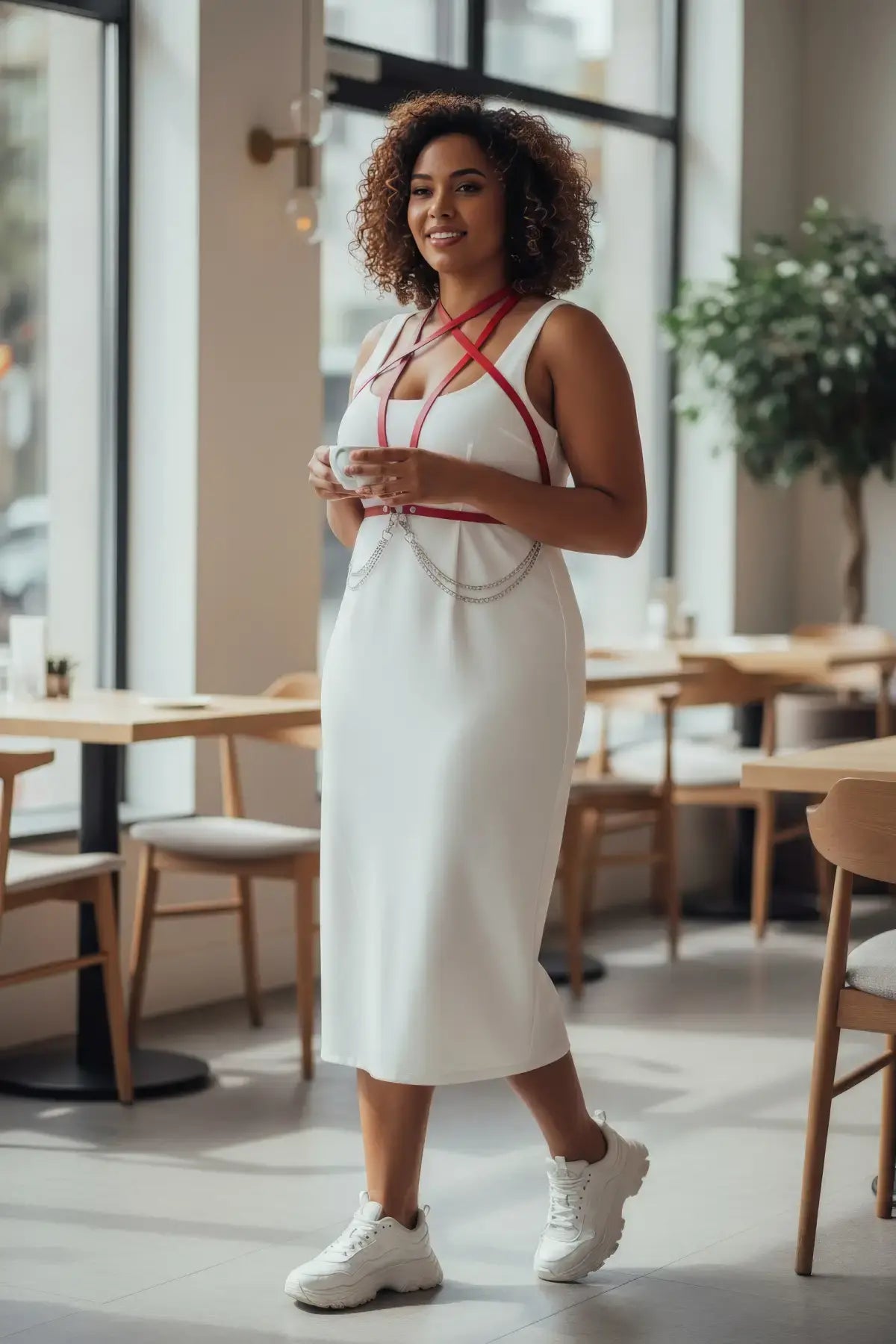 Plus-size red cross-strap harness with chain drop, vegan leather, by HarnessClub.